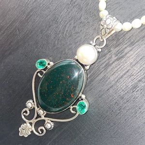 **𝒮𝒪ℒ𝒟** Bloodstone Peridot Vintage Freshwater Pearl Silver Pendant Necklace 925